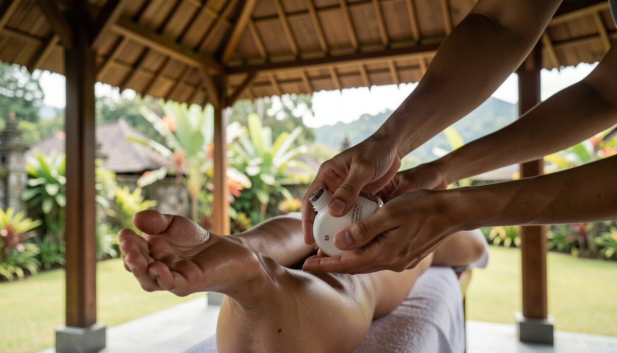 Open air treatment pavilion in Bali with hands applying gentle massage oil