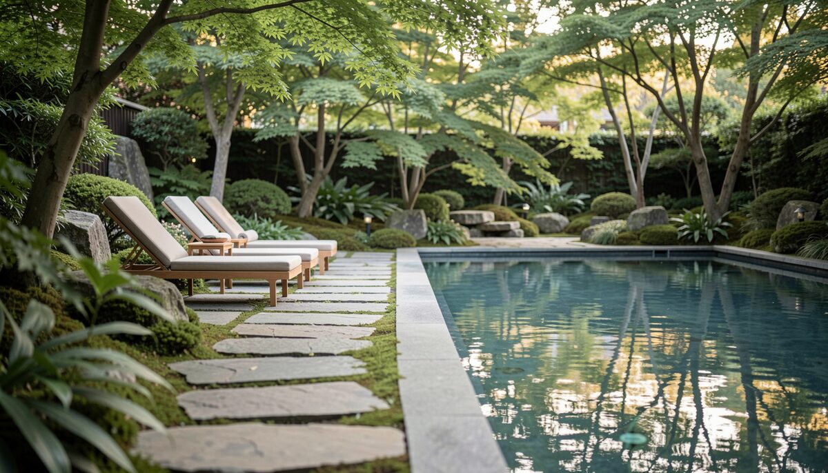 A tranquil spa garden with a stone path, lounge chairs, and a calm pool reflecting trees. Illustrative image, generated with AI.
