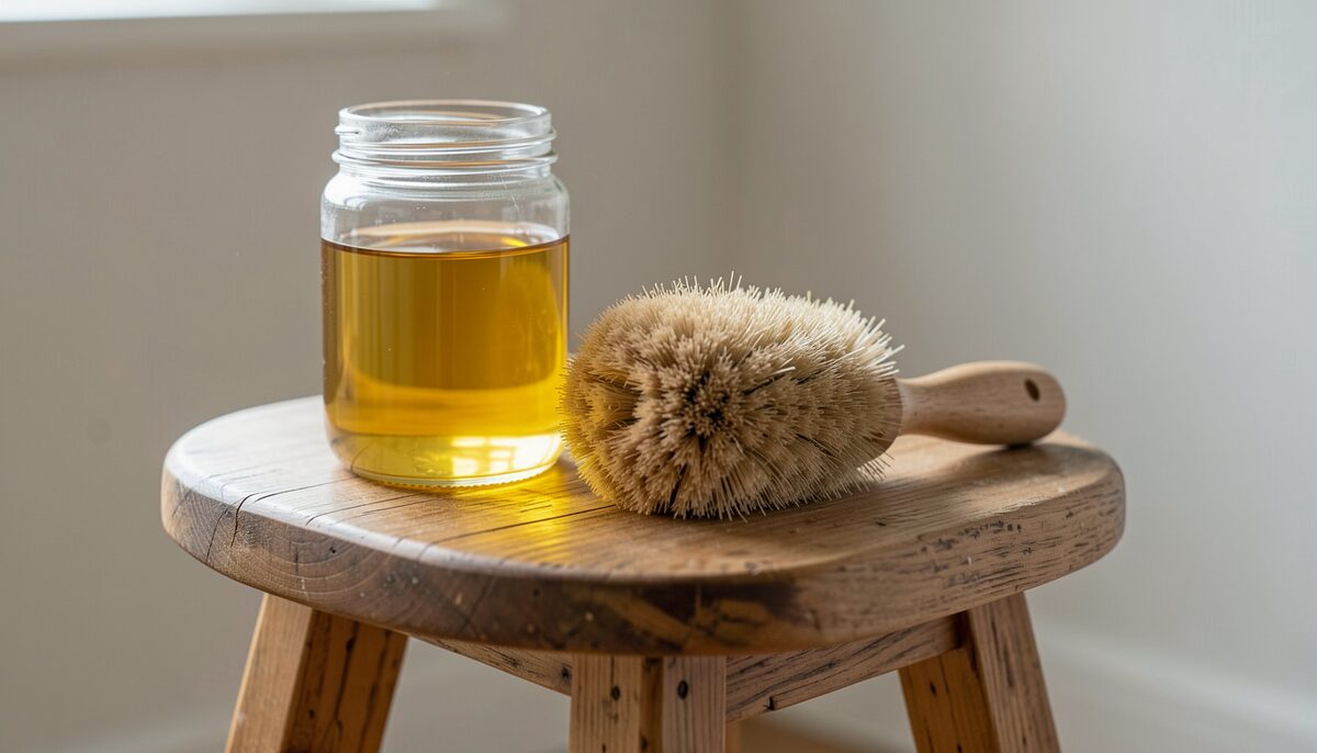 Natural bristle body brush resting on a wooden stool beside a jar of oil