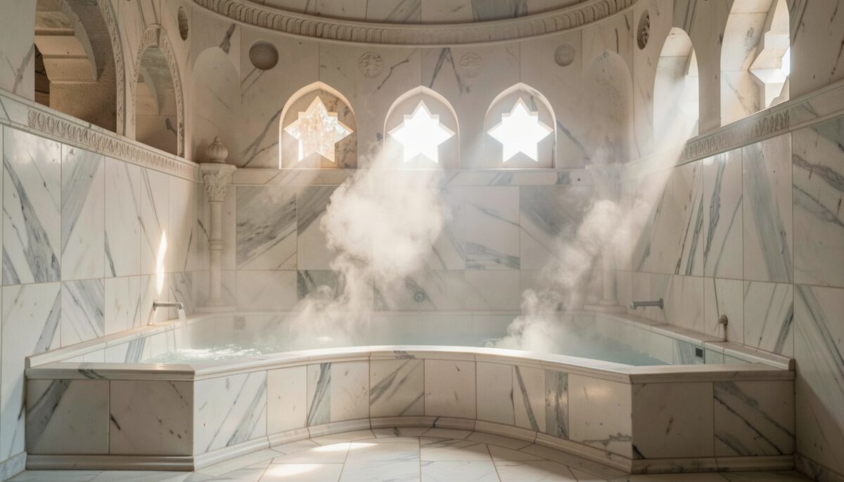 Interior of a historic marble hammam with steam rising and soft light through star shaped openings