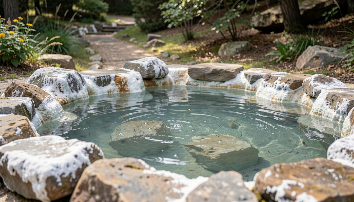 Natural mineral spring pool with clear water and mineral deposits on surrounding stones