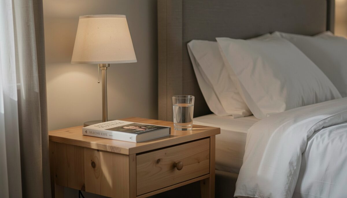 Bedside table with a book, dim lamp, and a glass of water in a quiet bedroom