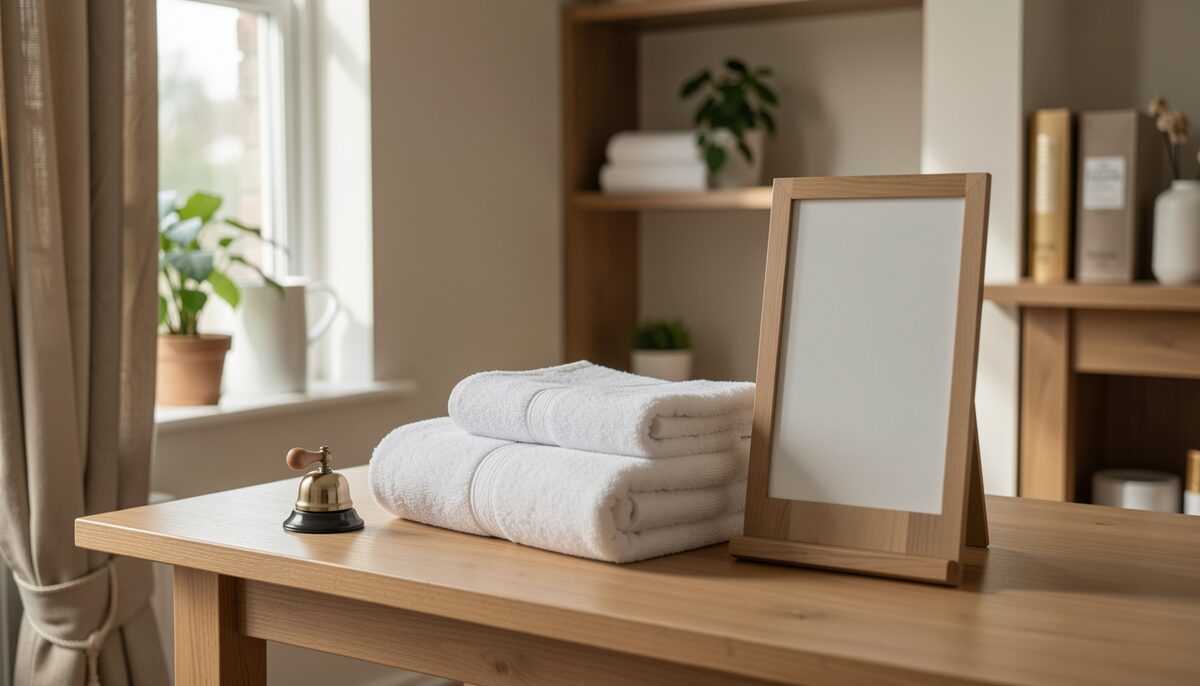 Spa reception area with a small bell, fresh towels, and a sign in stand, no text visible