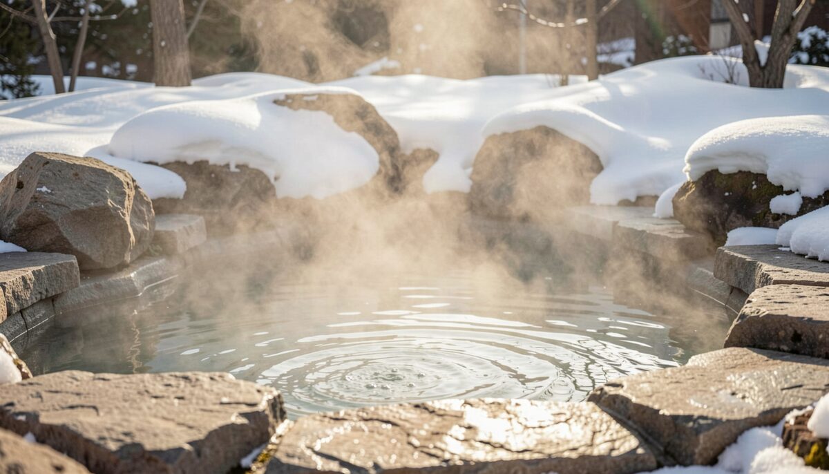 Steaming outdoor thermal pool with stone edges and snow on surrounding rocks. Illustrative image, generated with AI.