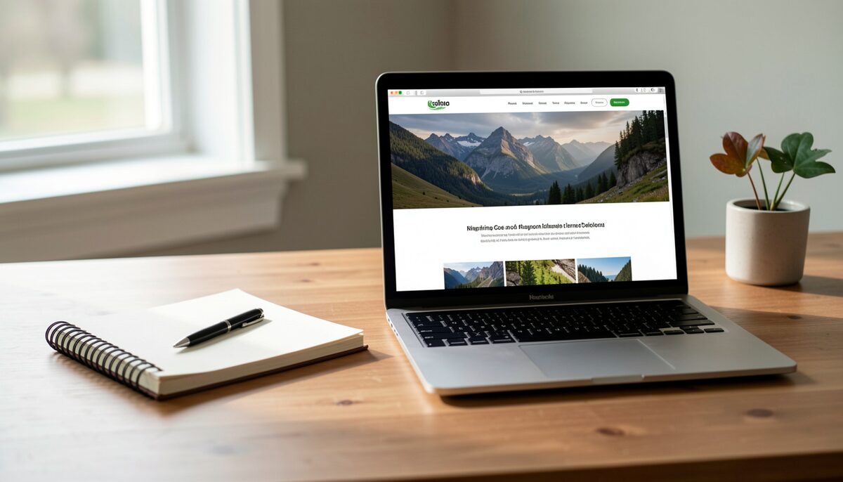 Desk with a notebook, pen, and a laptop showing a retreat website, no readable text